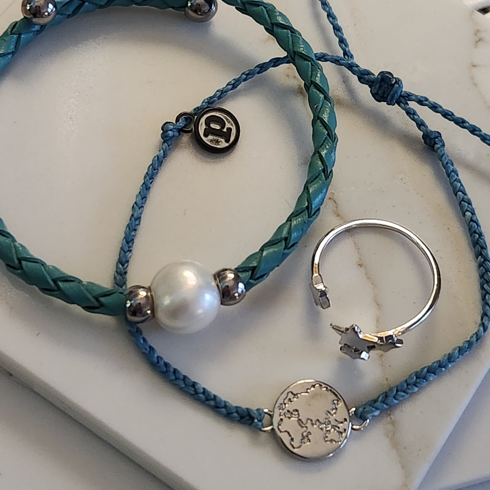 2 bracelets and 1 ring , genuine cultured pearl and sterling silver detail